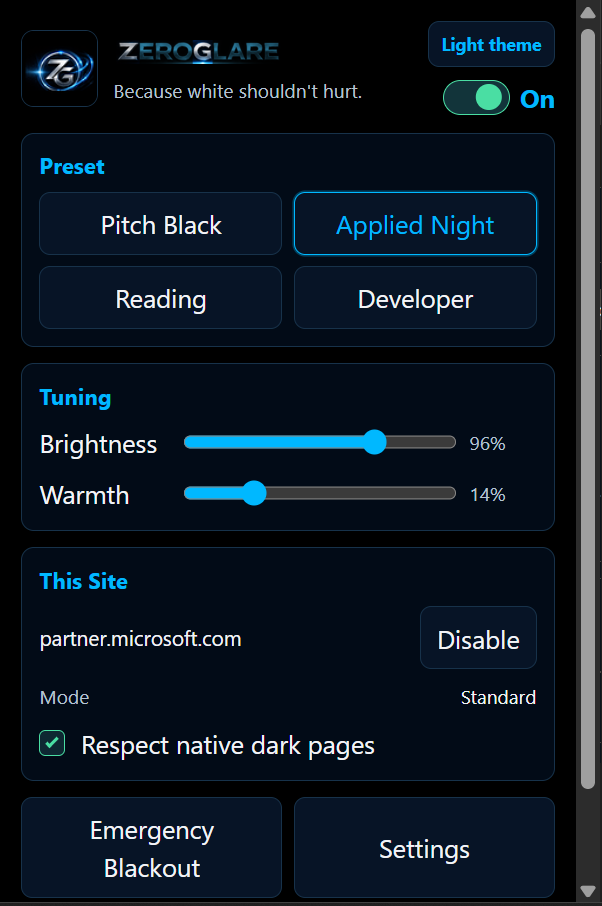 ZeroGlare browser extension controls in dark mode, showing presets, brightness, warmth, and per-site options.